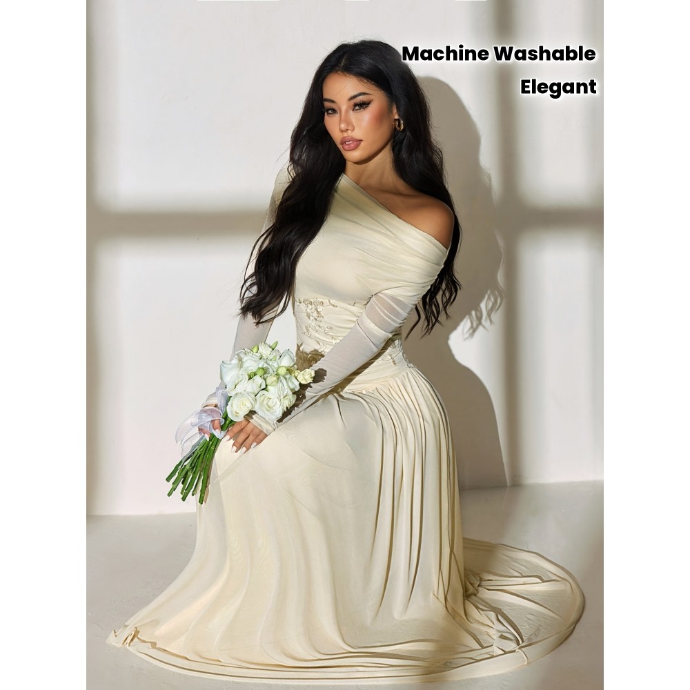 [Wedding Dresses] Women's Elegant Off-the-Shoulder Formal Dress - Beige/ Long Sleeve Party Wedding Gown, Stretchy Bodycon Fit, Machine Washable Evening Attire for Women, Wedding Dresses, Holiday Outfit, Asymmetrical Skirt, Highelasticity Fabric