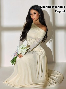 [Wedding Dresses] Women's Elegant Off-the-Shoulder Formal Dress - Beige/ Long Sleeve Party Wedding Gown, Stretchy Bodycon Fit, Machine Washable Evening Attire for Women, Wedding Dresses, Holiday Outfit, Asymmetrical Skirt, Highelasticity Fabric