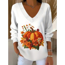 Women'S Halloween Witch Print Sweater - V-Neck Long Sleeve Pullover with Pumpkin & Floral Design, Loose Fit Casual Sweater for Fall/Winter, Halloween Clothes, Seasonal Fashion, Frenchinspired Style, Comfortable Wear, Fall Fashion, Frenchinspired Des
