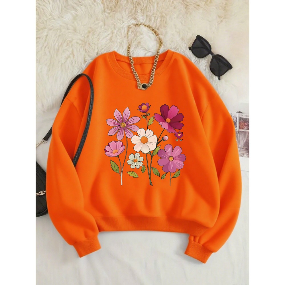 Women's Floral Print Crew Neck Sweatshirt - Pink with Multicolor Flower Design, All-Season Casual Pullover, Soft Machine-Washable Fabric, Cozy Everyday Sweater for Women (No Dry Clean)