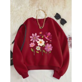 Women's Floral Print Crew Neck Sweatshirt - Pink with Multicolor Flower Design, All-Season Casual Pullover, Soft Machine-Washable Fabric, Cozy Everyday Sweater for Women (No Dry Clean)