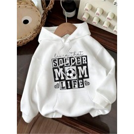 Women's Soccer Mom Graphic Hoodie - Cozy Fall & Winter Pullover with Drawstring, Beige Casual Sweatshirt Featuring 