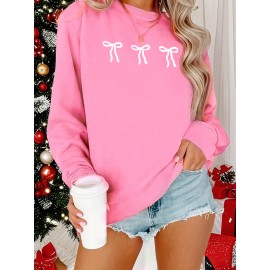 [Cozy Plus Size Sweatshirt] Polyester Plus Size Women's White Bow Print Sweatshirt - Cozy, Comfortable, Machine Washable Fall & Winter Pullover with Digital Butterfly Design
