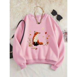 Women'S Cozy Crew Neck Sweatshirt with Vibrant Fox & Floral Print - Casual Long Sleeve Pullover for Fall & Winter, Soft Polyester Blend, Machine Washable, Allseason Apparel | Vibrant Print Top | Polyester Blend, Fox Sweatshirt