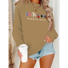 [Graphic Print Sweatshirt] Polyester Women's Puerto Rico Graphic Print Sweatshirt | Oversized Fit, Crew Neck Long Sleeve Pullover, Geometric Pattern with Applique Detail | Casual for Fall/Winter, Machine Washable