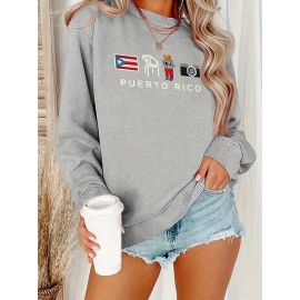 [Graphic Print Sweatshirt] Polyester Women's Puerto Rico Graphic Print Sweatshirt | Oversized Fit, Crew Neck Long Sleeve Pullover, Geometric Pattern with Applique Detail | Casual for Fall/Winter, Machine Washable