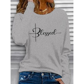 Women'S Long Sleeve T-Shirt - Blessed Script Lettering Top, Soft Everyday Casual Shirt for Everyday & Formal Outfits, All-Season Layering Essential Basic Tops for Women, Versatile Clothing, Classic Round Neckline, Durable Fabric