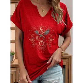 Women'S Vintage Norse Mythology Dragon Print V-Neck T-Shirt - Casual Short Sleeve, Regular Fit, All-Season Tee with Intricate Design, Machine Washable, Allseason Tee | Mythological Design | Comfortable Fit, Dragon Shirt