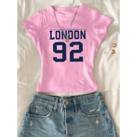 Women's White Crop T-Shirt - London '92 Numeric Graphic Tee - Stretchy Casual Summer Top - Vintage Streetwear Everyday Shirt - Non-See Through Crop Top for Women, Ladies T Shirts, Relaxed Fit Tee, Nontransparent Fabric