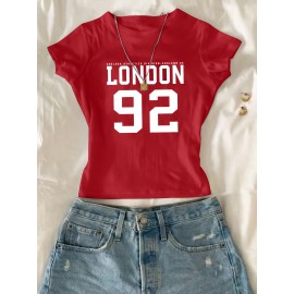 Women's White Crop T-Shirt - London '92 Numeric Graphic Tee - Stretchy Casual Summer Top - Vintage Streetwear Everyday Shirt - Non-See Through Crop Top for Women, Ladies T Shirts, Relaxed Fit Tee, Nontransparent Fabric