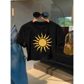 Women'S Vibrant Sun Graphic Crop Top T-Shirt - Casual Round Neck Short Sleeve, Machine Washable, Slim Fit, Perfect for Spring/Summer Outfits, Sunset Shirt