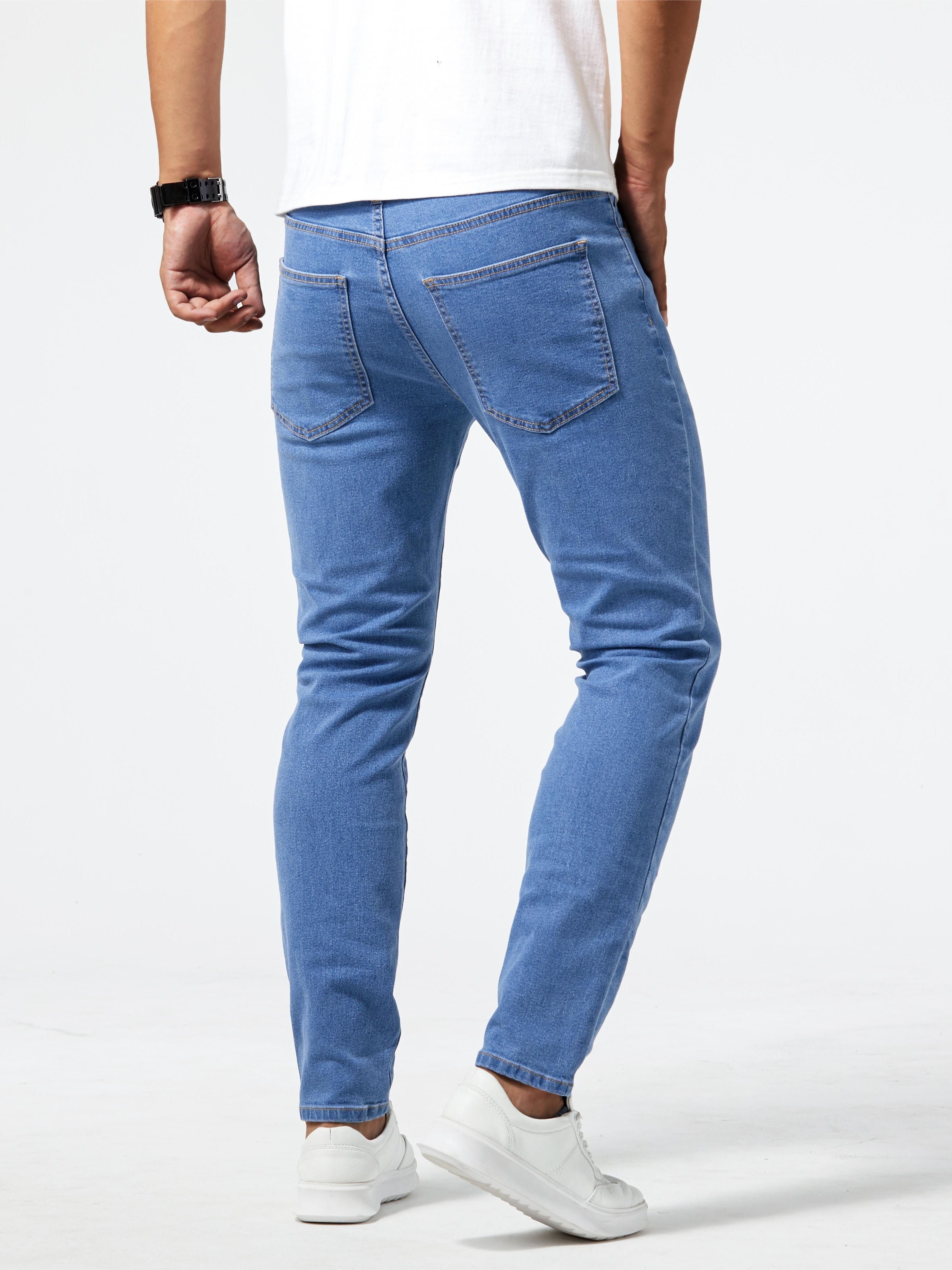 mens casual light blue ripped denim jeans details 6