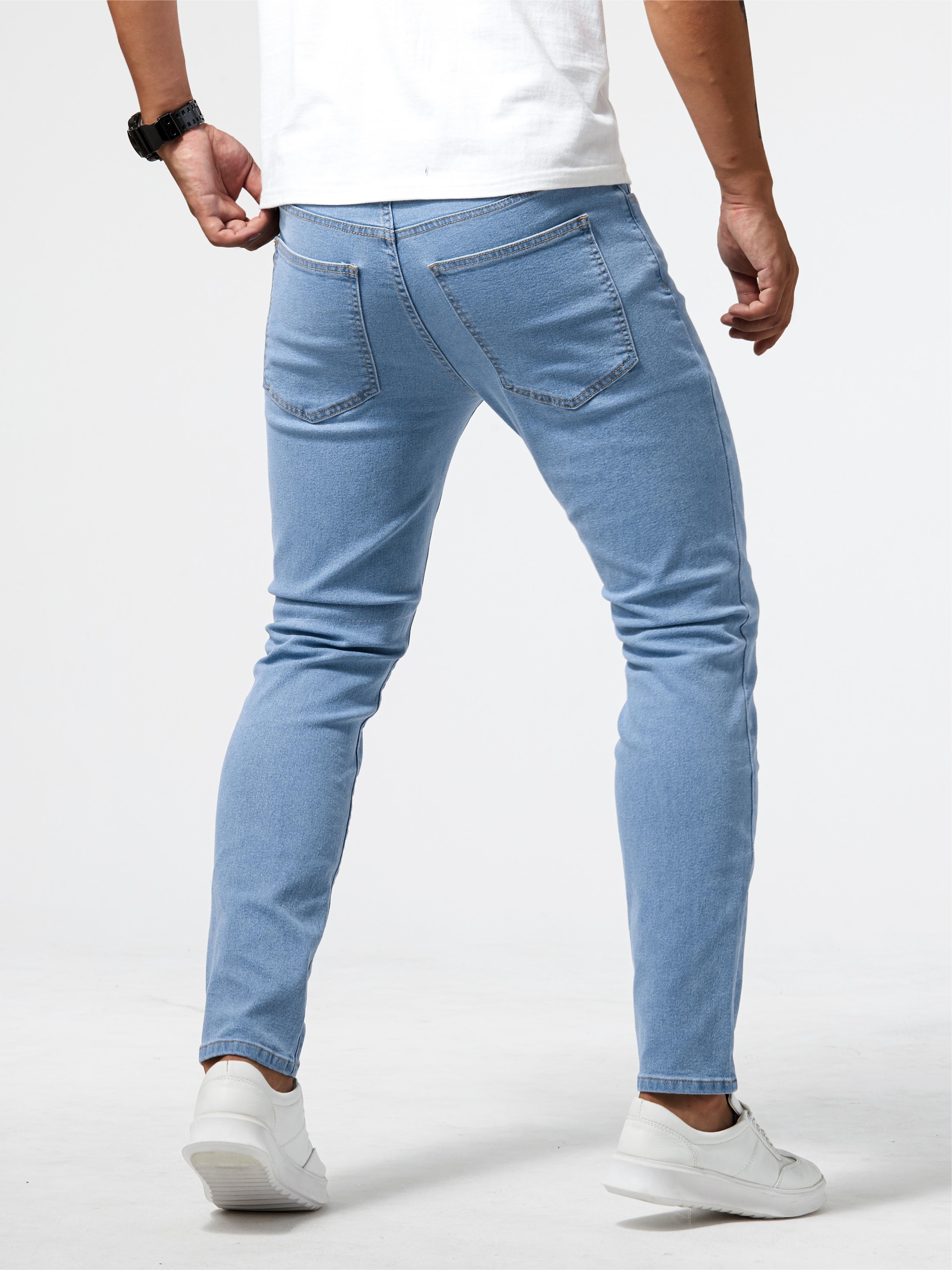 mens casual light blue ripped denim jeans details 12